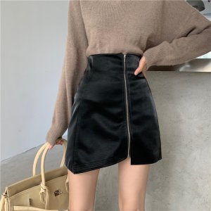 IELGY Leather Fashionable Slim A-line Short High waist Covered hips Women's skirts Half-length skirts Outer wear 3