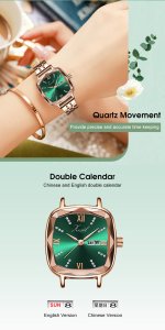 LouisWill Women's Quartz Watch Fashion Square Watch Double Calendar Watch Diamond Inlaid Watch Waterproof Quartz Watch Steel Band Watch Wristwatch with CalenderLuxury Ladies Watch 3