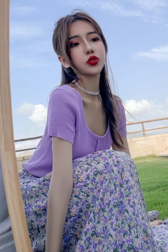 IELGY women's purple floral high waist slim fit midi skirt