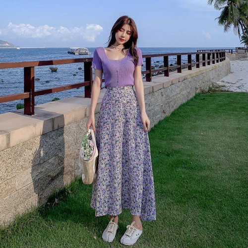 IELGY women's purple floral high waist slim fit midi skirt