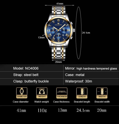 FNGEEN Men Watch Bussiness Stainless Steel Luxury Waterproof Quartz Watch