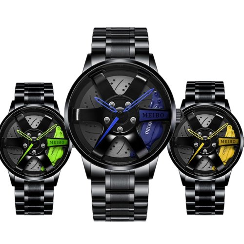 Men Quartz Watch for Waterproof Vacuum Plating Strap with Car Wheel Rim Hub Design Sport Automatic Wristwatch