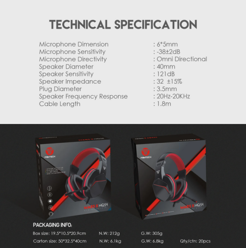 FANTECH MARS II HQ54 WIRED GAMING HEADSET FOR MULTI-PLATFORM COMPATIBILITY PC, XBOX, and PS, MOBILE, PC AND LAPTOP.