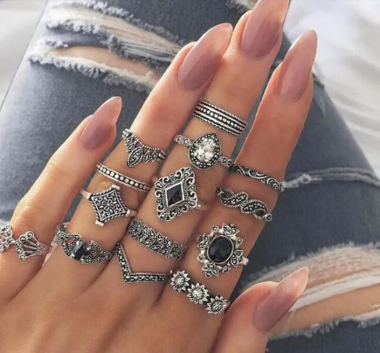 15 Pcs/set Crystal Flower Leaves Hollow Lotus Gem Ring Set - Ring For Girls - Ring - Couple Ring (Color Guaranteed)