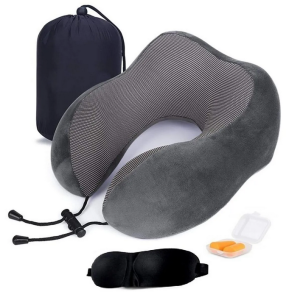 Extra soft Folding Travel Neck Pillow U-Shaped Velvet Memory Foam + Eye Masks + Ear buds Foldable Soft Travel Pillow Massage for Sleeping Airplane Car Pillow Cervical 6