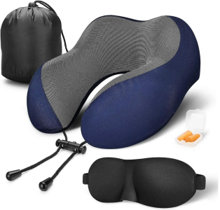 Extra soft Folding Travel Neck Pillow U-Shaped Velvet Memory Foam + Eye Masks + Ear buds Foldable Soft Travel Pillow Massage for Sleeping Airplane Car Pillow Cervical 3