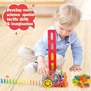 Domino Train Toy Set Rally Electric Train Model with 80 Pcs Colorful Domino Building Blocks Car Truck Vehicle Stacking