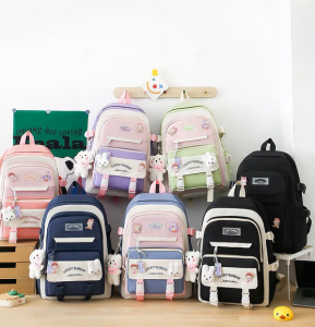 Cross-Border Middle School College Students Bag Female Large Capacity Primary School Student Backpack New Backpack Five-Piece Set Wholesale 3