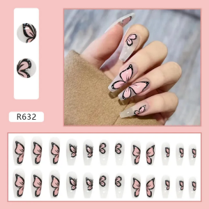 Menggh WITH GLUE Artificial Nails Tip Long Coffin False nails With Design press on nails Gradiant nail art 3