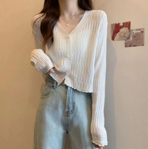 V-Neck Knitted Cardigan Women's Autumn and Winter New Women's Short Long-Sleeved Coat Solid Color Slim-Fit Tall Top for Women 3