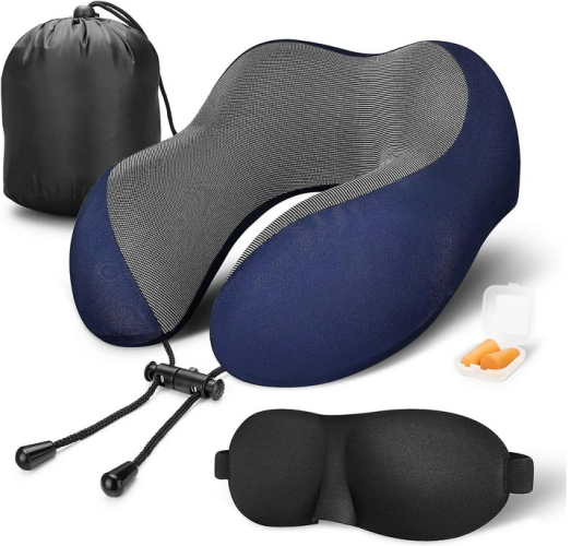 Extra soft Folding Travel Neck Pillow U-Shaped Velvet Memory Foam + Eye Masks + Ear buds Foldable Soft Travel Pillow Massage for Sleeping Airplane Car Pillow Cervical