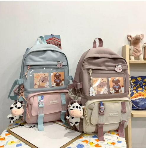 Fengdong cute school bags for girls kawaii bookbag doll college student black rucksack teen girl schoolbag fashion backpack