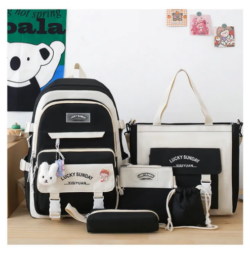 Cross-Border Middle School College Students Bag Female Large Capacity Primary School Student Backpack New Backpack Five-Piece Set Wholesale