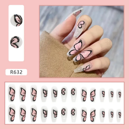 Menggh WITH GLUE Artificial Nails Tip Long Coffin False nails With Design press on nails Gradiant nail art