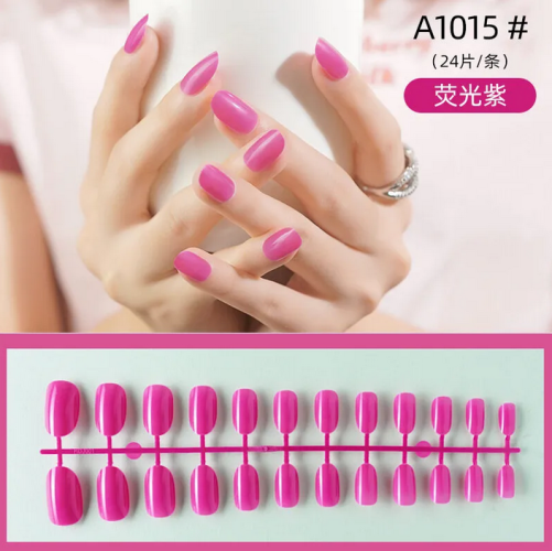 Small Round Shape Shiny Fake Nail 24 Pcs Strip - Fluorescent Violet