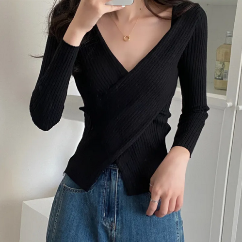 Autumn Winter Knitwear Tops Fashion Female Long Sleeve Skinny Elastic Casual V-neck Knitted Shirts Women Pullover Sweaters