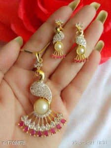 Women's Dailywear American Diamond Pendant Set 9
