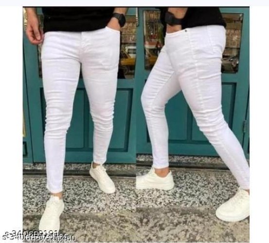 Men Cotton Blend White Jeans