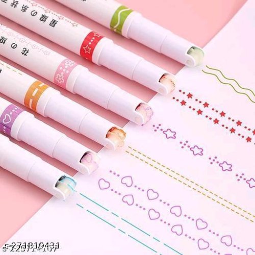 Curve Highlighter Pen Set, Linear Roller Color Pens, Dual Tip Pens with 6 Different Curve Shapes Fine Tips,Colorful Pattern - Heart/flower/curve/dotted Line/ Slash/Dot,for Writing, Drawing-6pic
