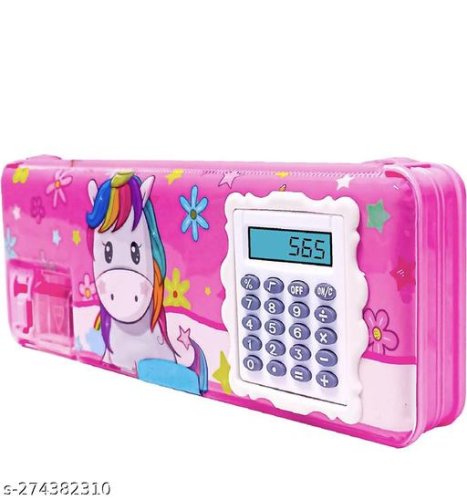 Calculator Geometry, calci Geo, Dual Sharpener with Calculator, Double sided Stationary Box for Girls Art Plastic Pencil Box (Random color )