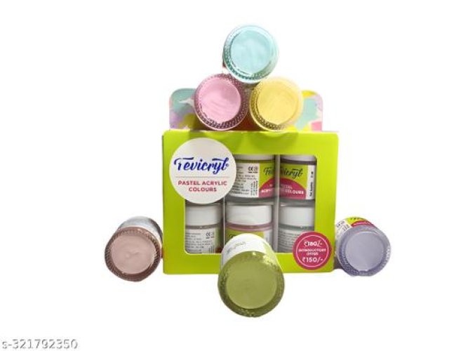 Fevicryl Pastel Acrylic Colours 6 Shades / Soft peach / Buttercup yellow / Mint green / Lavender purple / Aqua blue / Pale pink